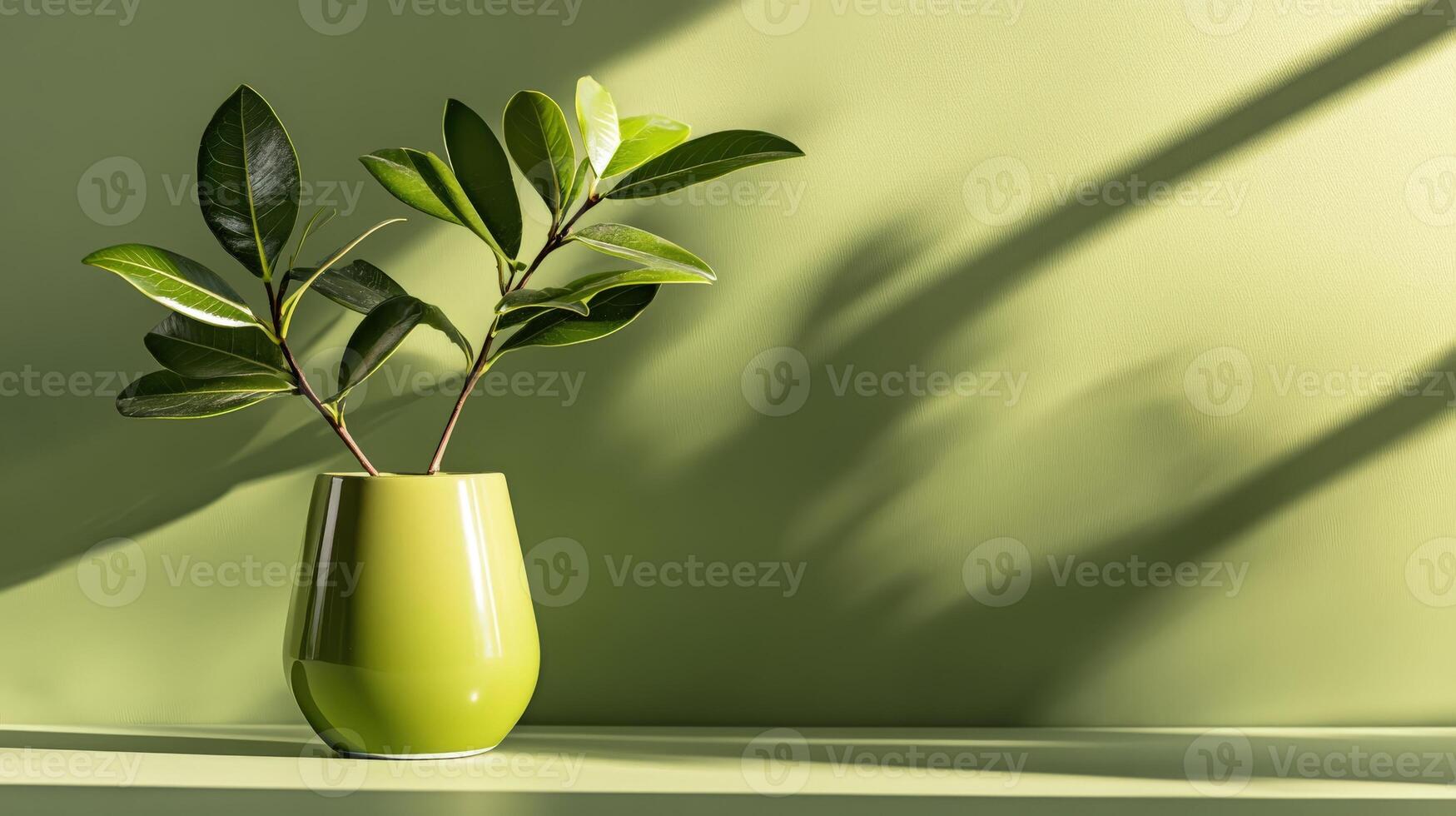 A green vase with a plant in it photo