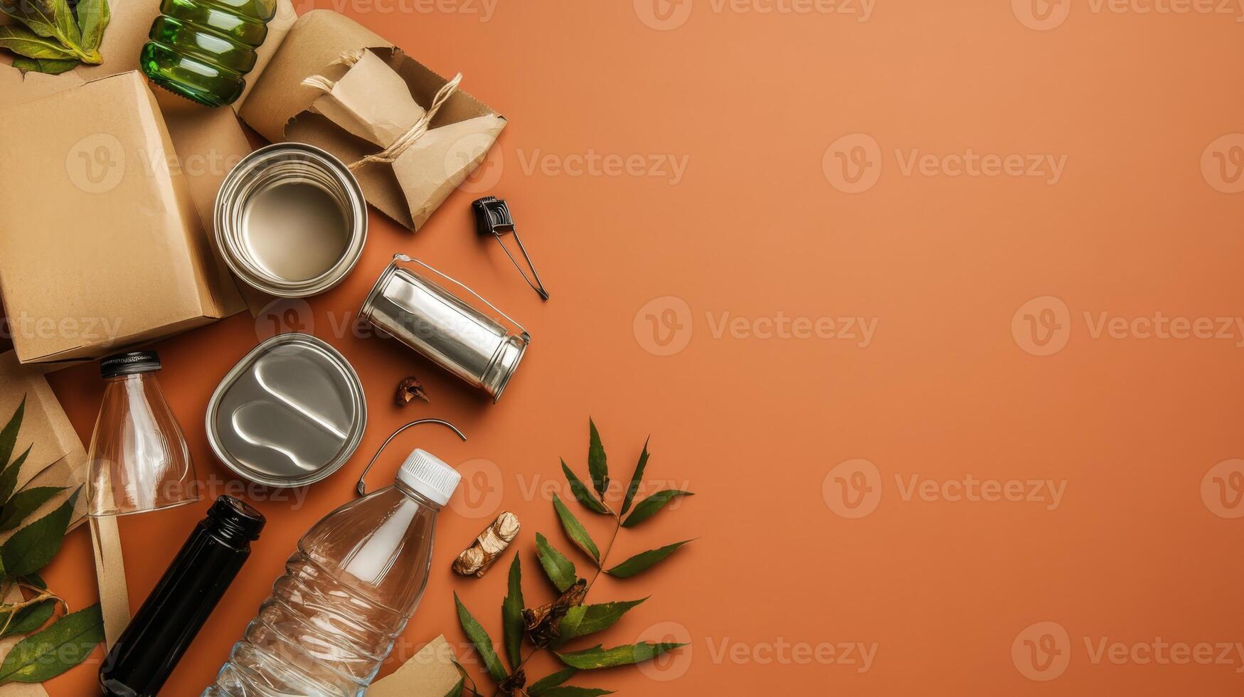 Garbage and recycling concept with cardboard boxes, plastic bottles, cans, and other waste materials on photo