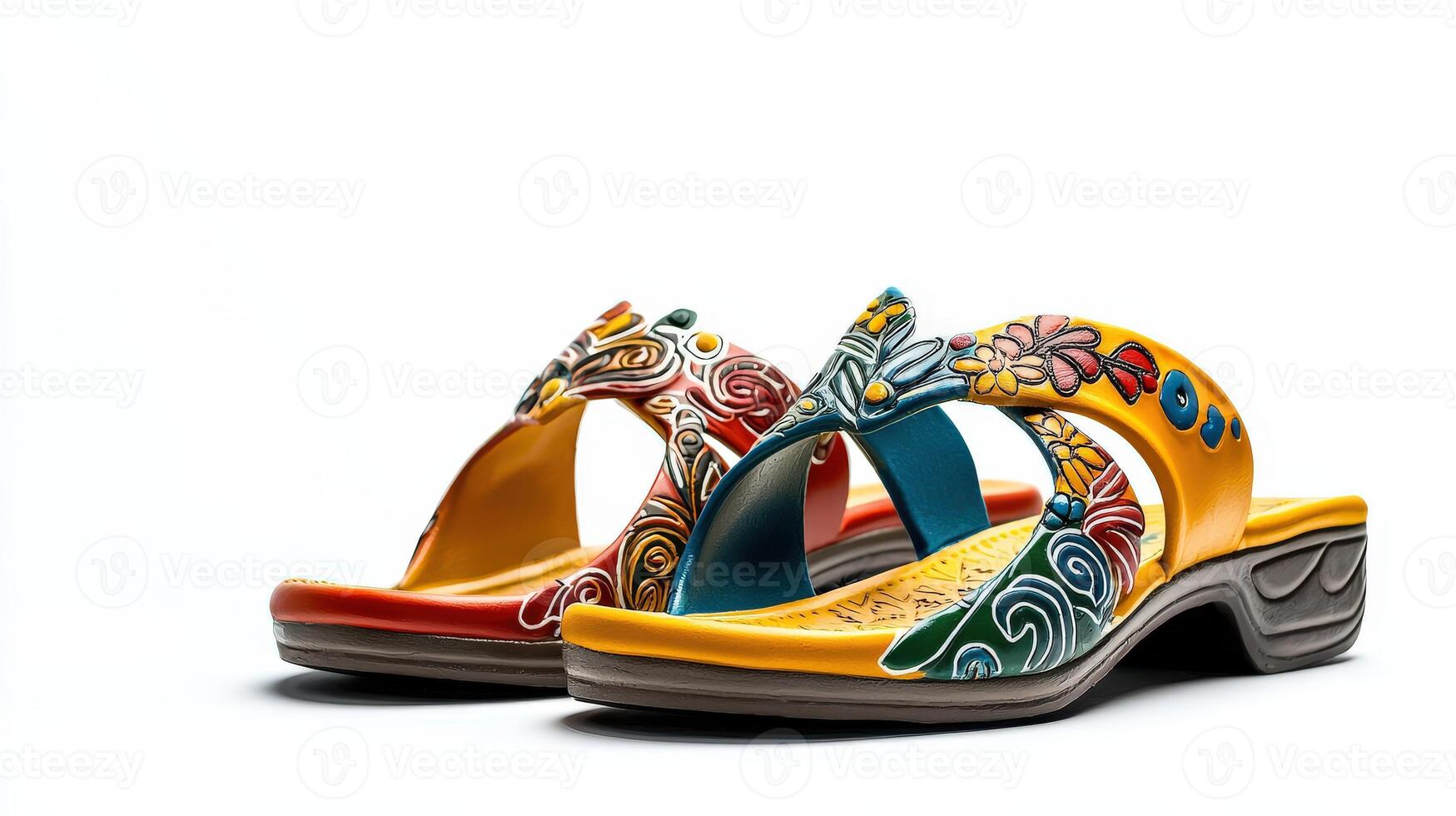 A pair of colorful sandals with a flower design photo