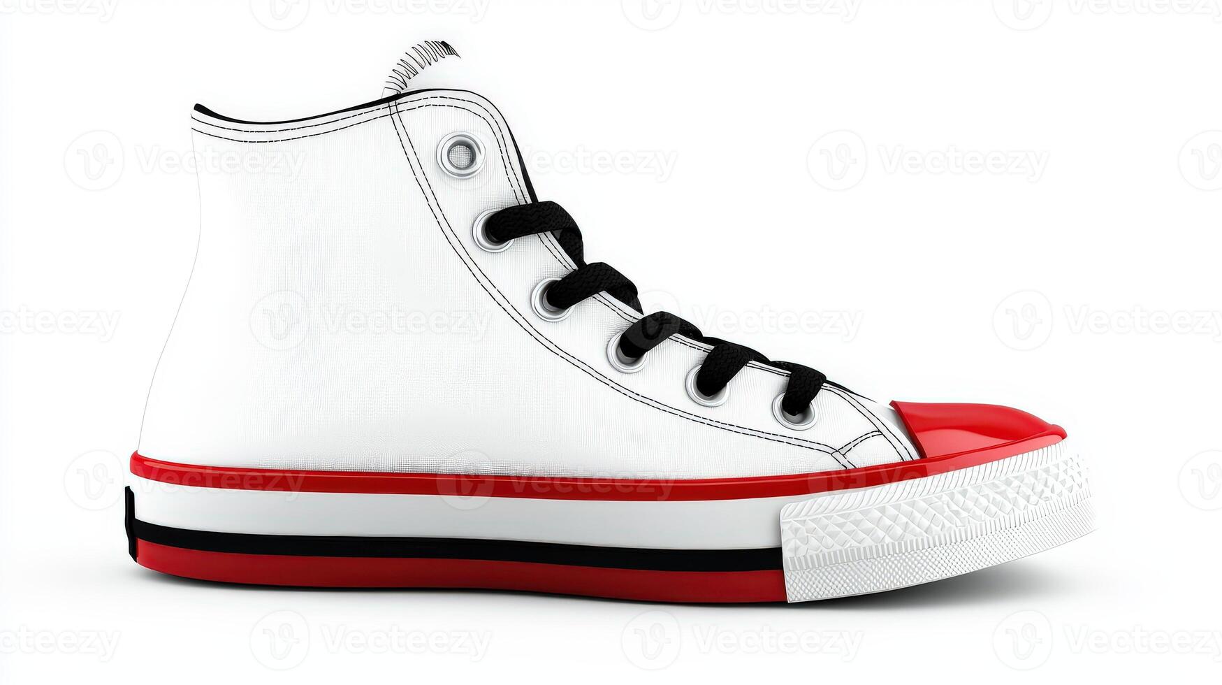 A white and red high top shoe with a red stripe photo