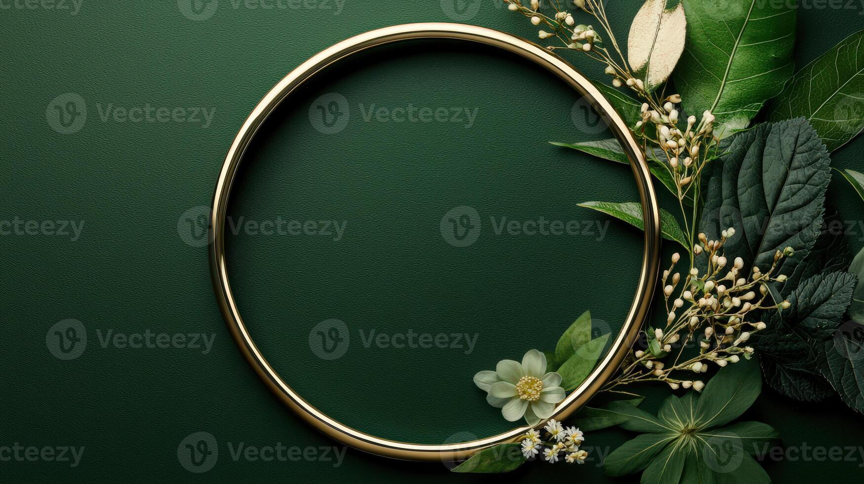Golden oval frame with green leaves and flowers on a dark green background photo