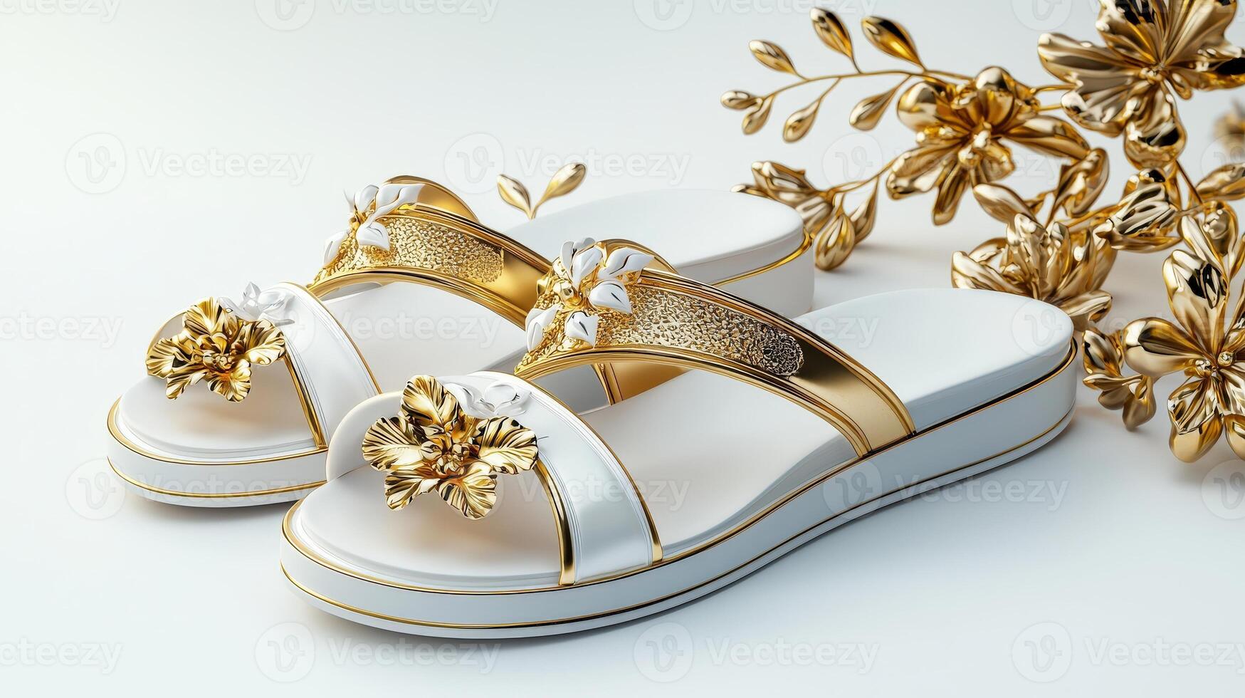 Golden sandals with flowers on white background photo