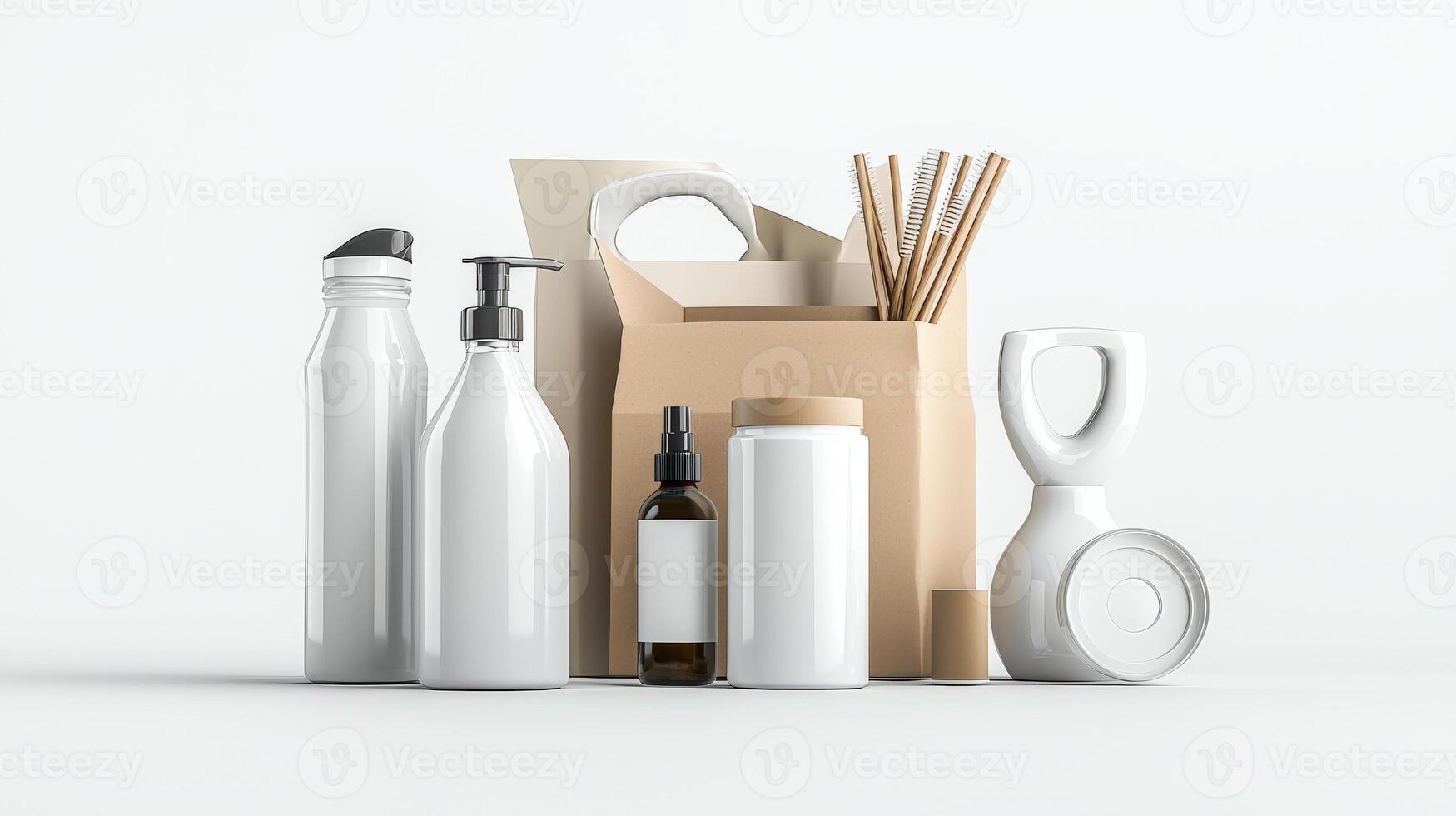 Various plastic bottles and other items in a paper bag photo