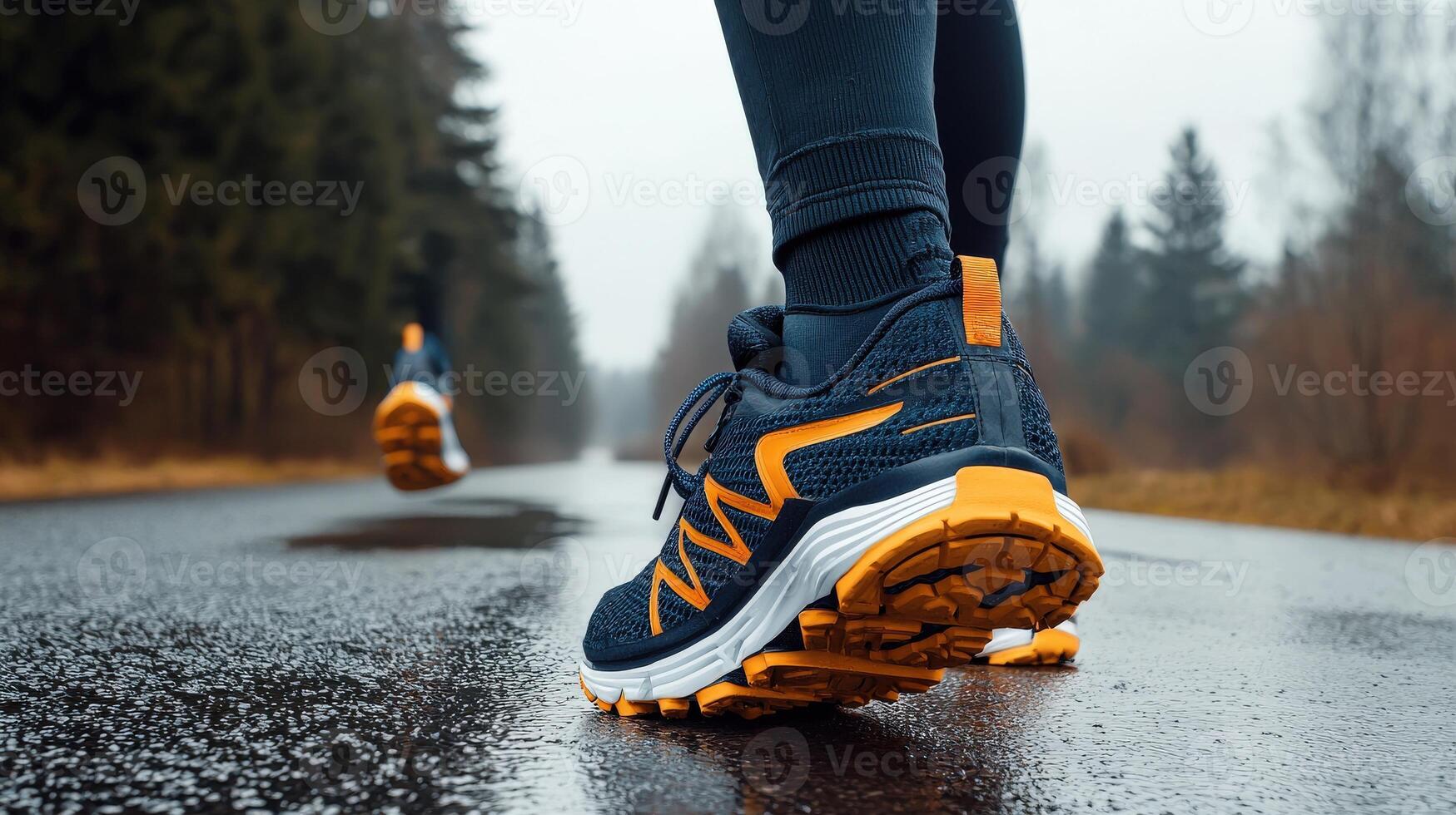 A person wearing running shoes on a wet road photo
