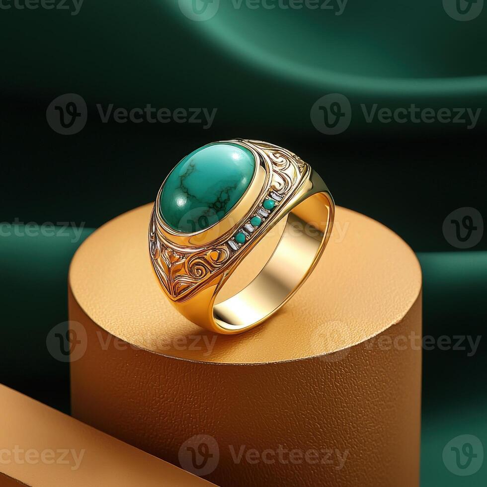 A gold ring with a green stone on top photo