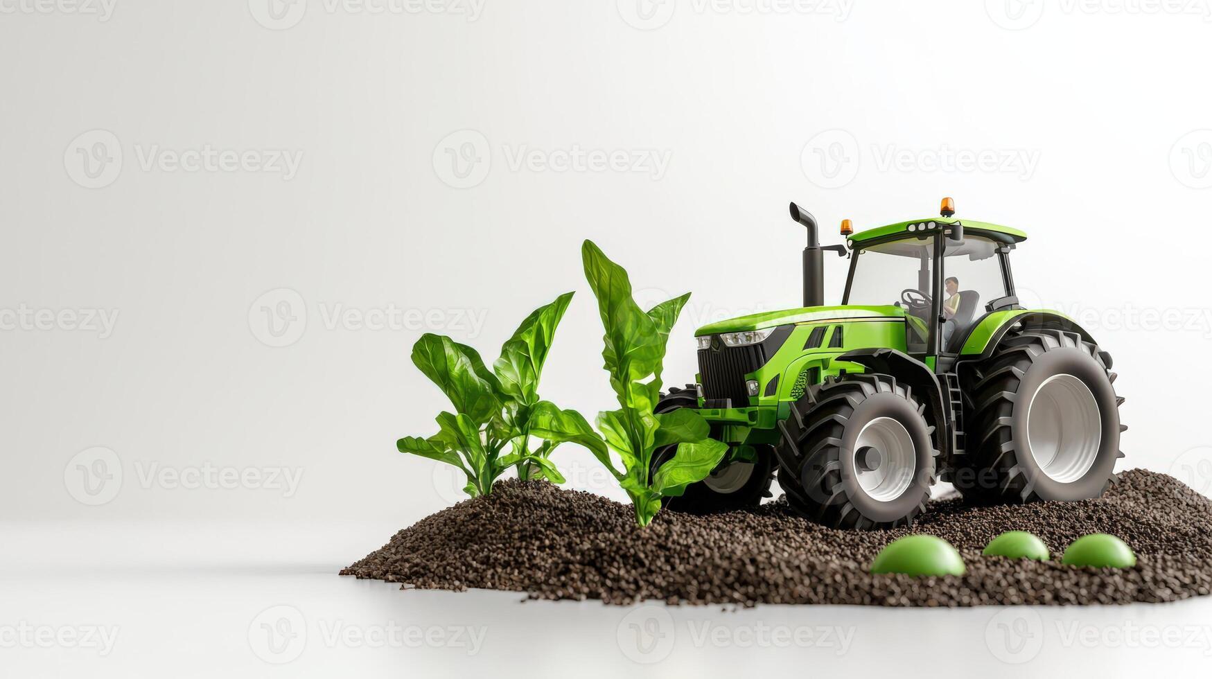 A green tractor with plants on a white background photo