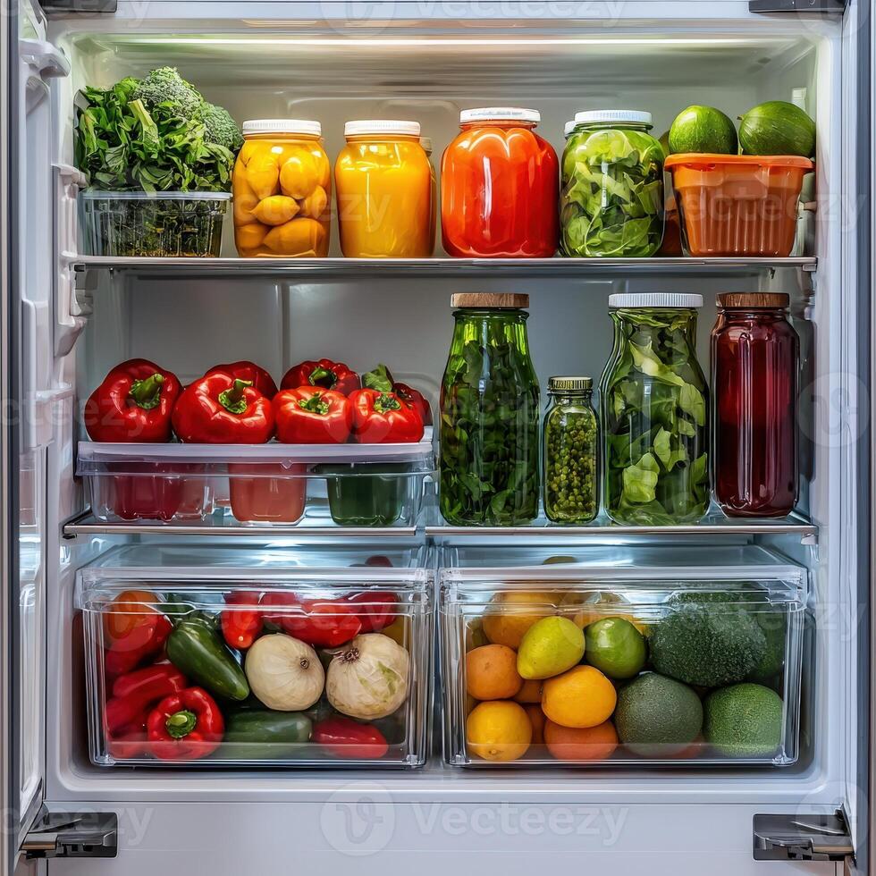 A refrigerator with fresh vegetables and fruits inside photo