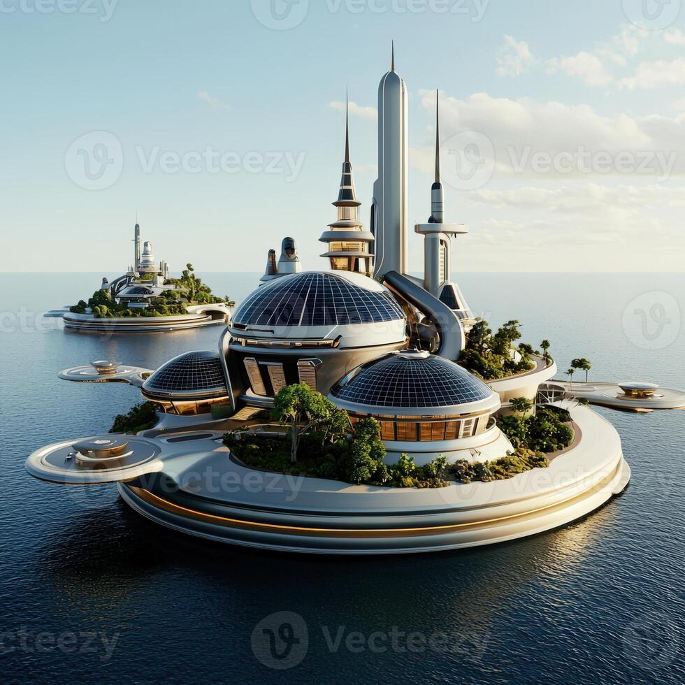 Futuristic city on a floating island 3d rendering photo