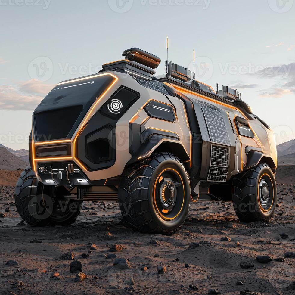 The futuristic vehicle is parked on the desert photo