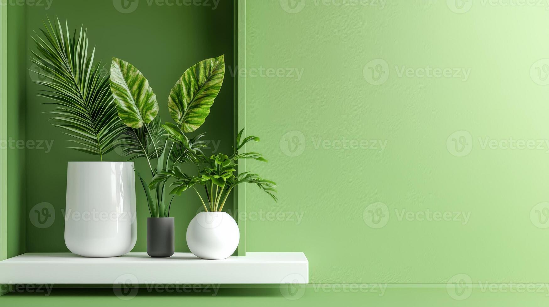 Three vases with plants on a shelf in front of a green wall photo