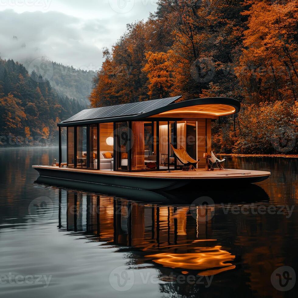 A floating houseboat on a lake with trees photo