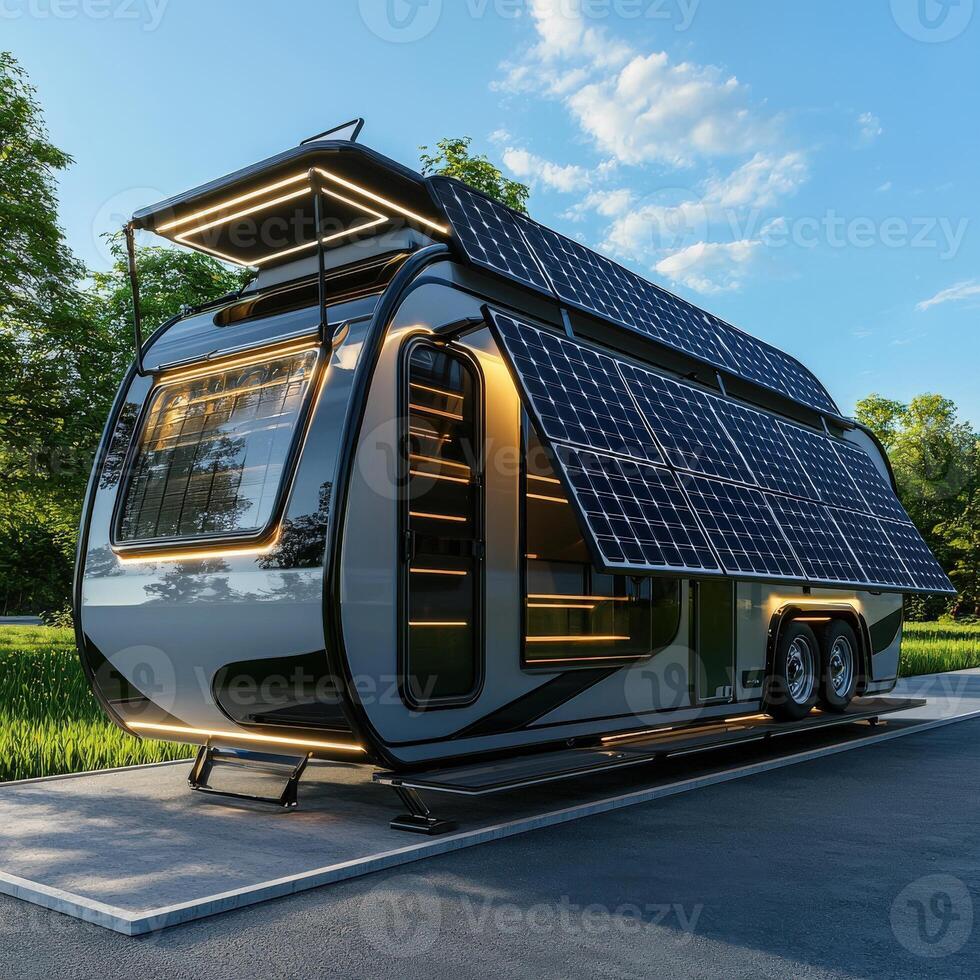 A solar powered trailer with a solar panel on the roof photo