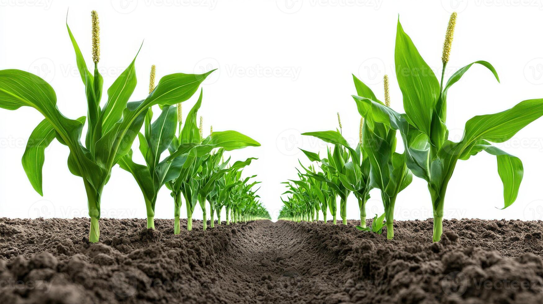 Corn field with green plants growing in the soil photo
