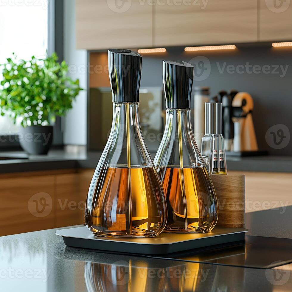 A kitchen counter with two bottles of liquor on it photo