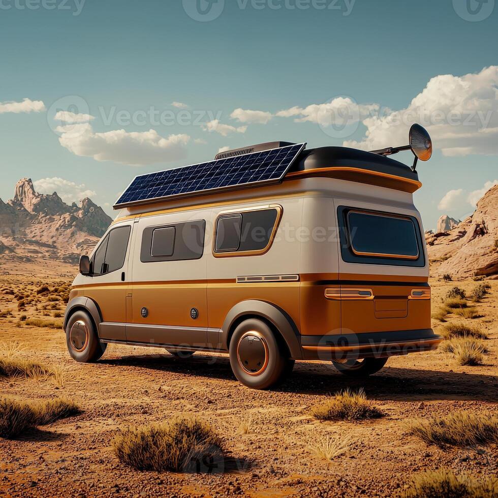 A van with solar panels on the roof in the desert photo