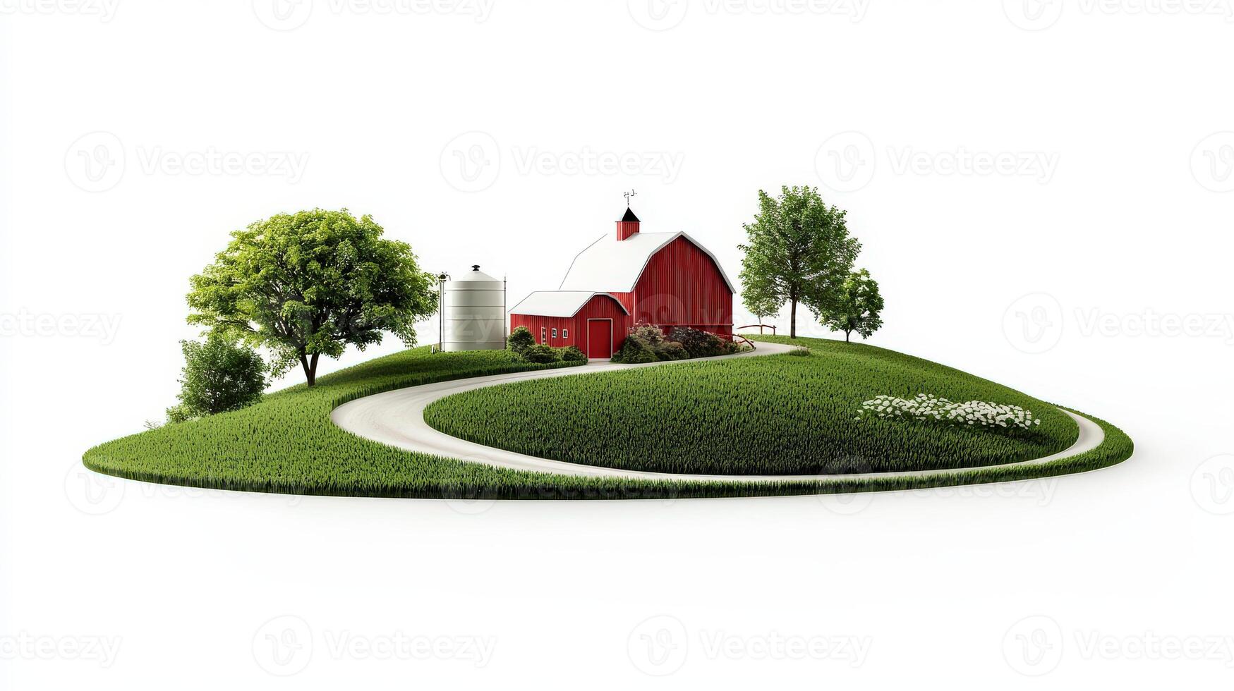 A farm with a red barn and trees on a hill photo