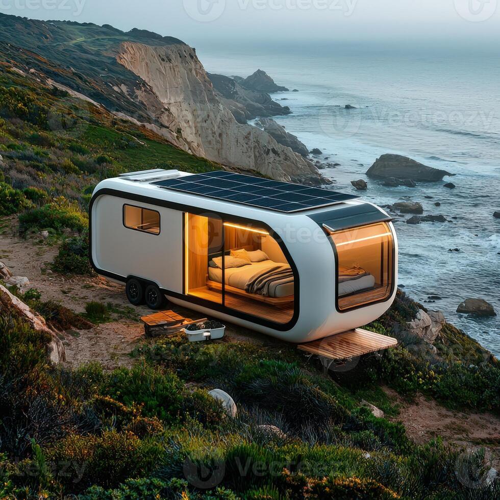A tiny house on the beach with a solar panel photo