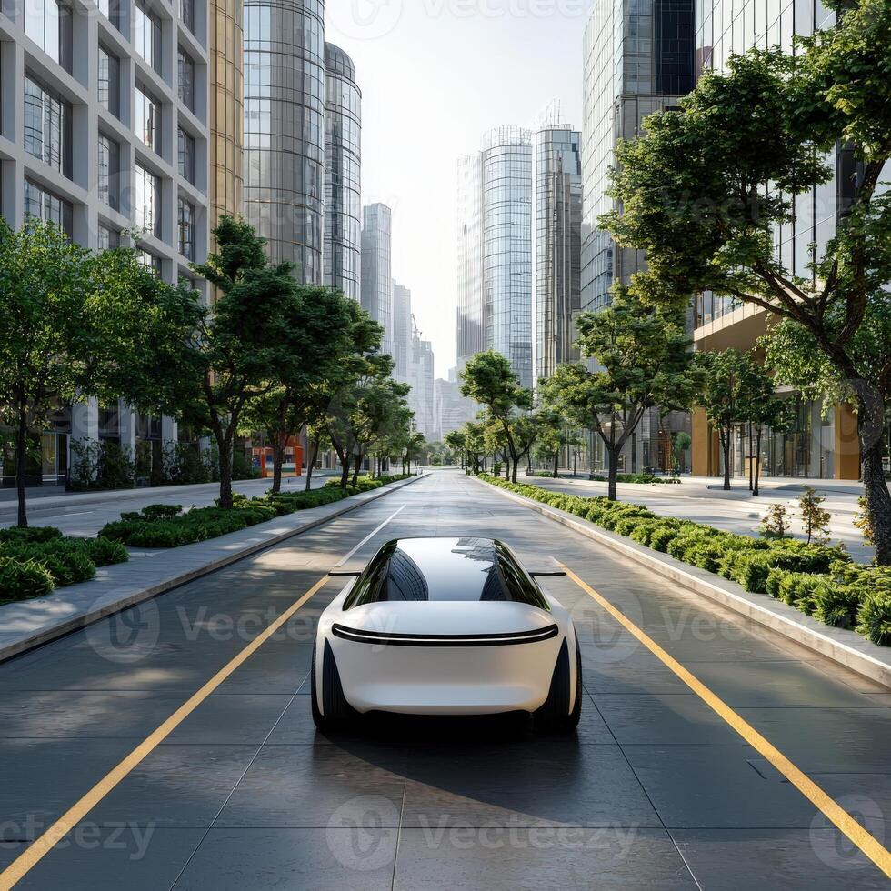 A futuristic car is driving down a city street photo