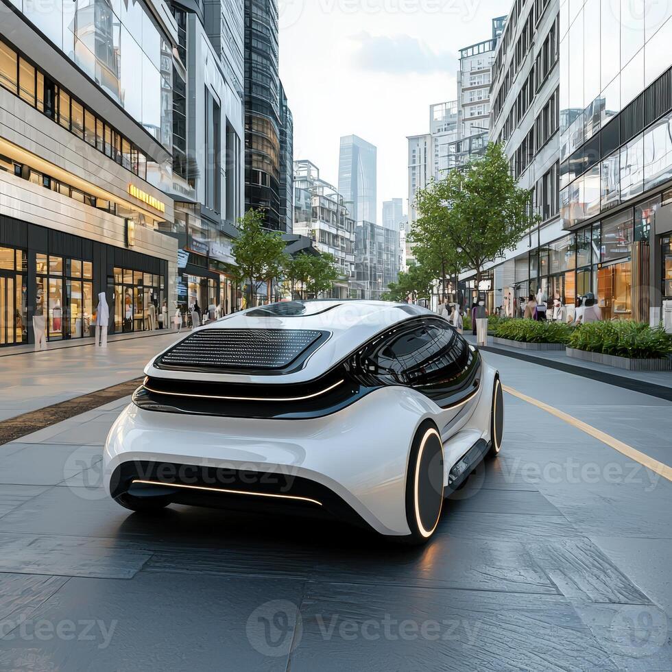 The futuristic car is driving down a city street photo