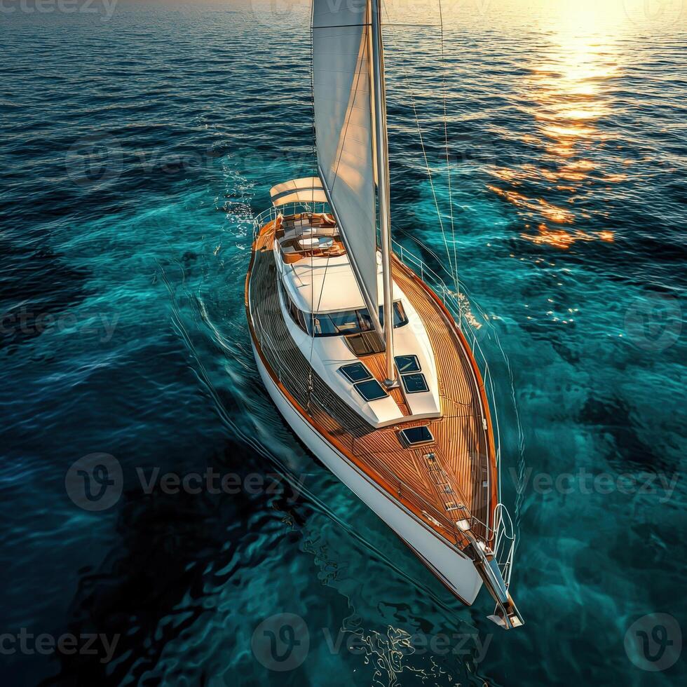 A sailboat floating in the ocean at sunset photo