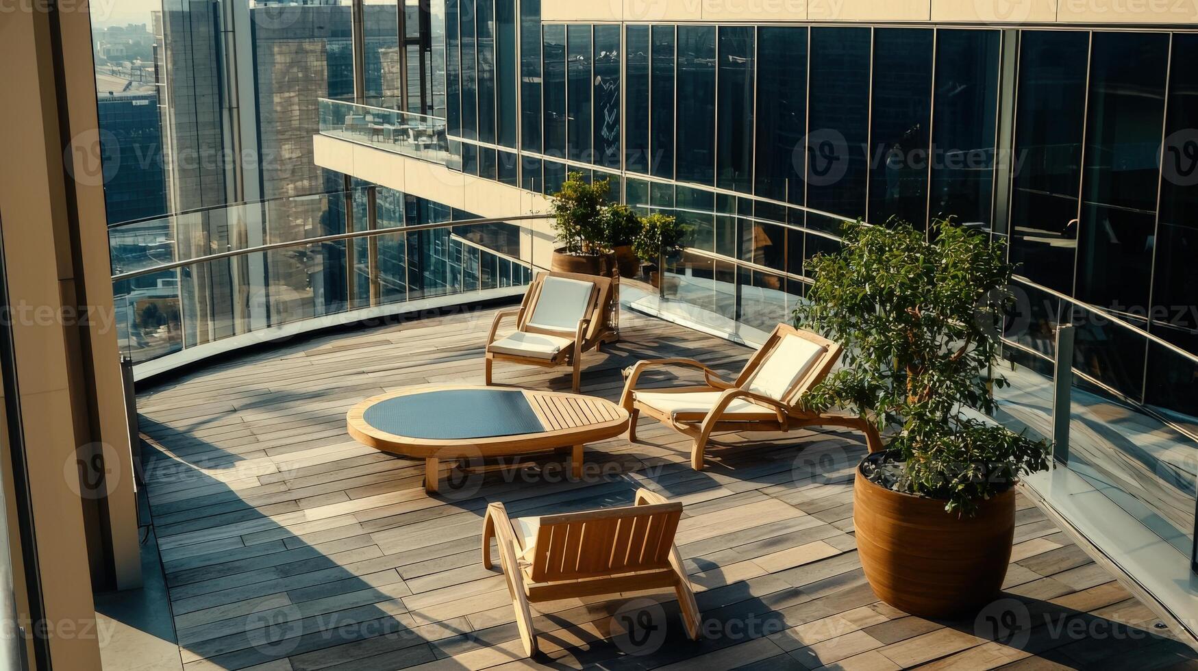 A balcony with wooden chairs and a table photo