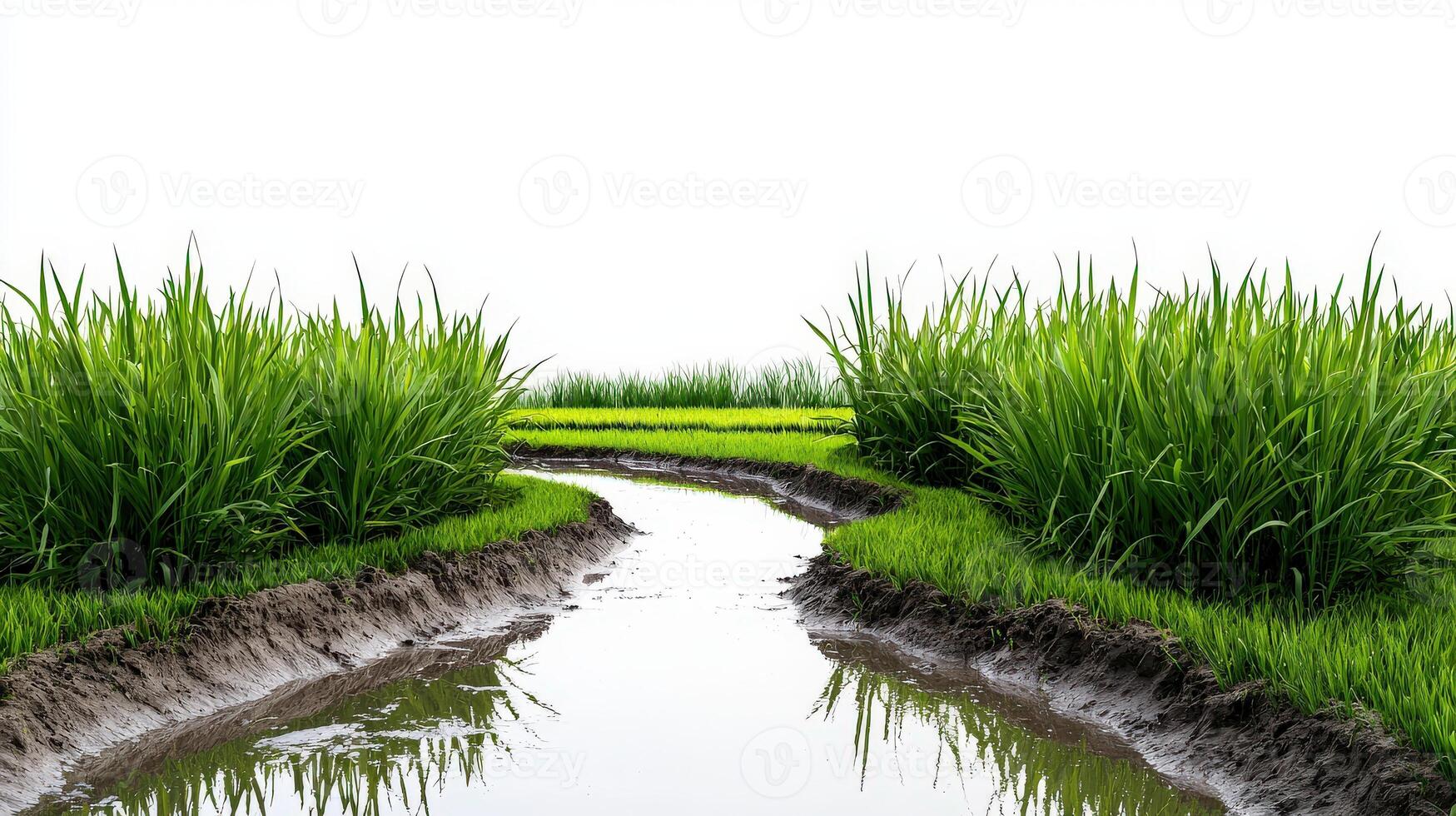 A stream runs through a field of green grass photo