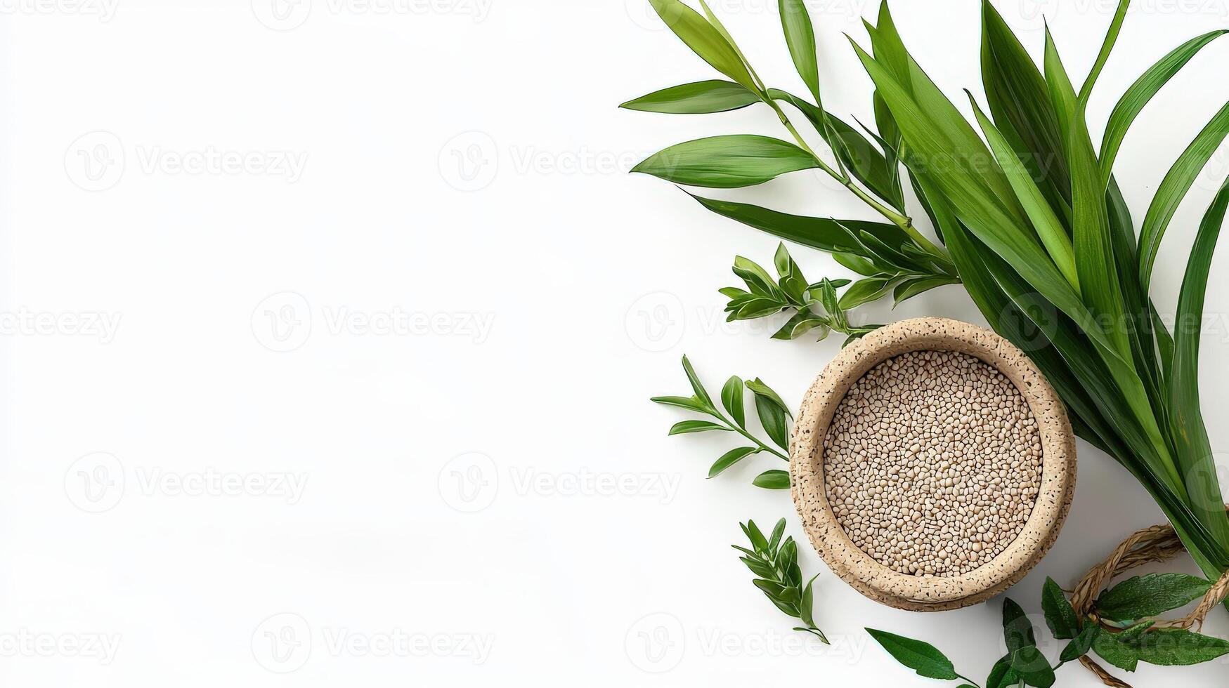 A basket with leaves and grains on a white background photo
