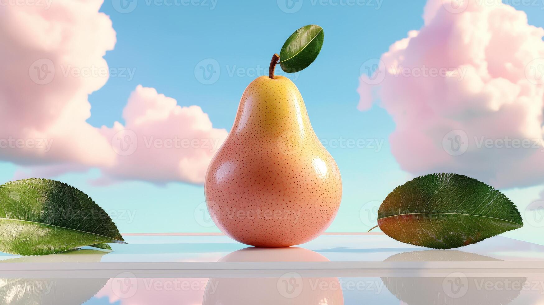 A pear with leaves on it is sitting on a table photo
