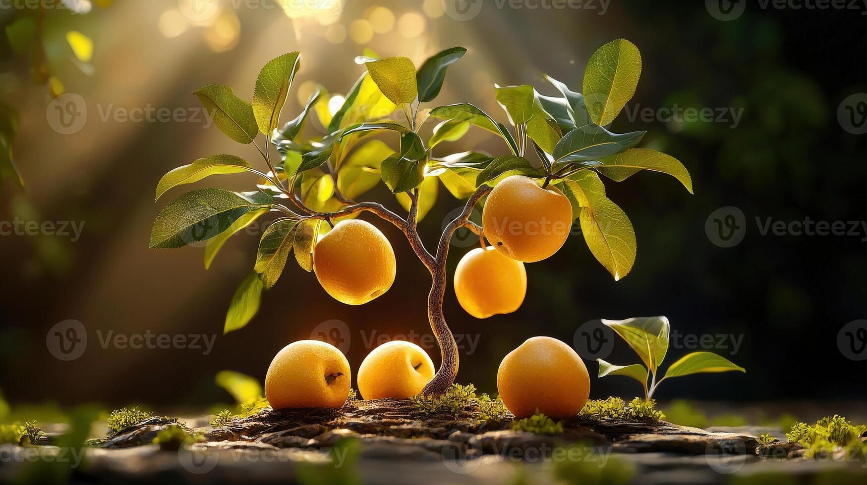 A tree with fruit on it and sunlight shining through photo
