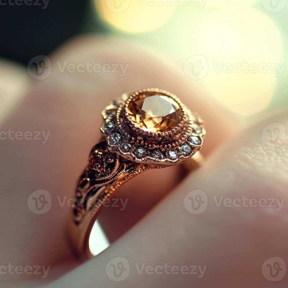 A woman's hand holding a ring with a yellow stone photo