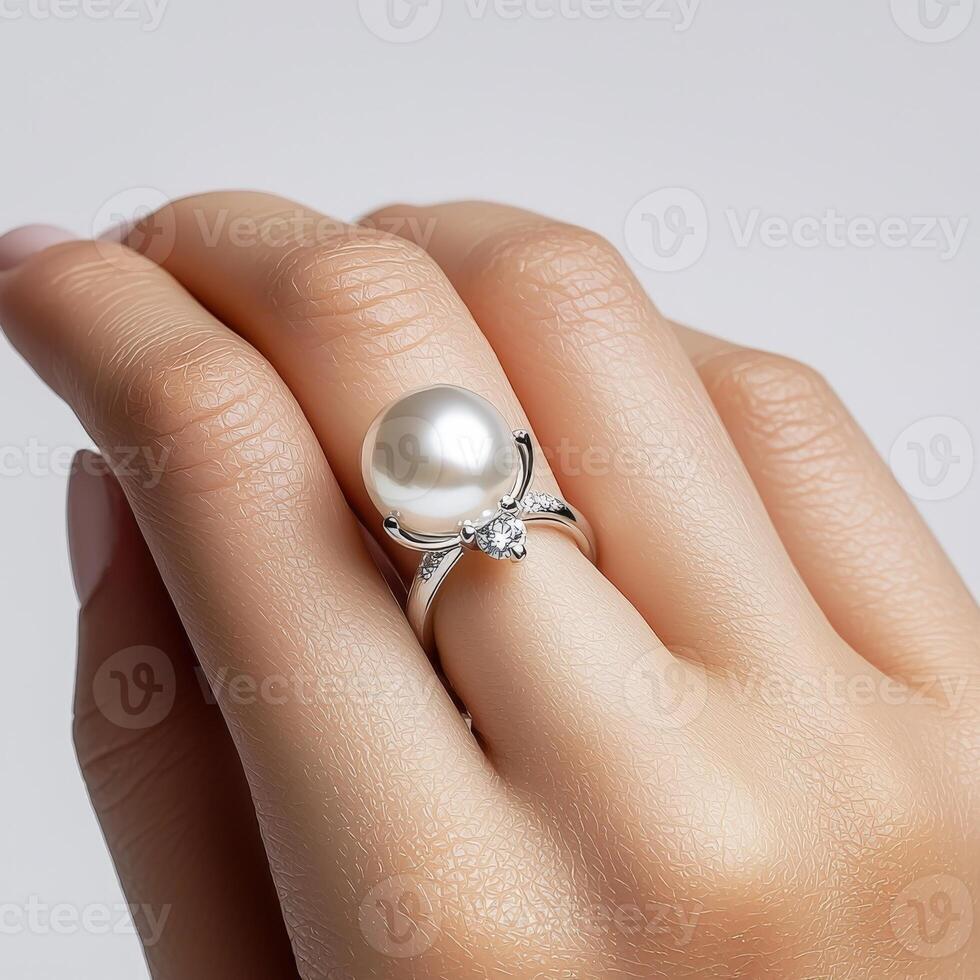 A woman's hand holding a pearl ring photo