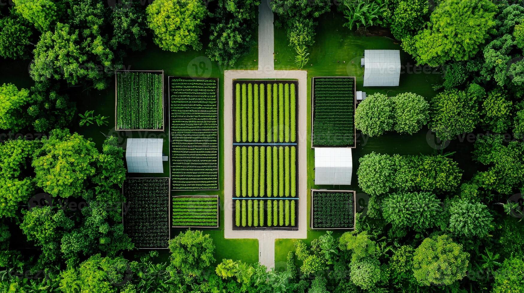 An aerial view of a green field surrounded by trees photo