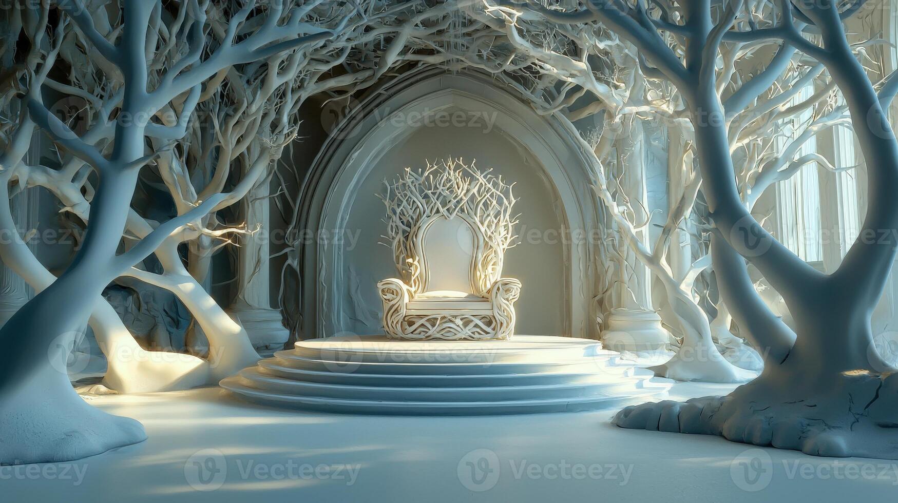 A throne surrounded by trees in a forest photo