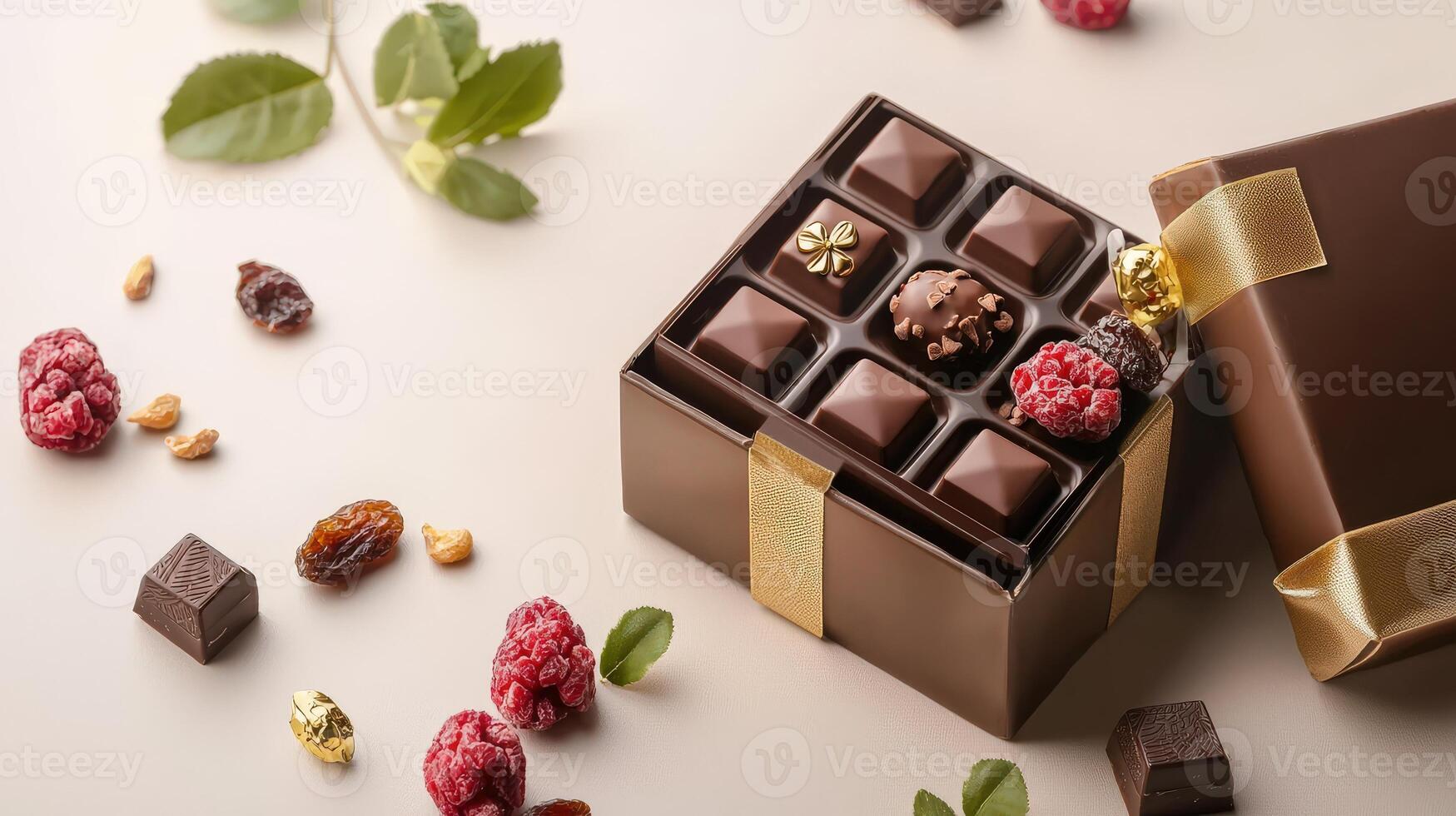 Chocolate gift box with raspberries and nuts on a light background photo