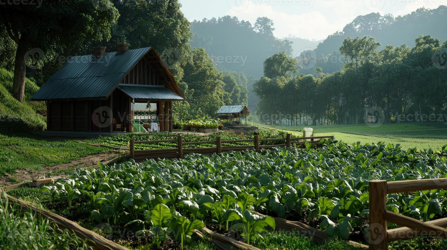 A small wooden house sits in the middle of a field photo
