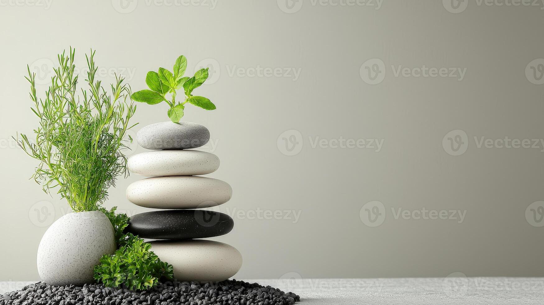 A stack of stones with herbs and plants photo