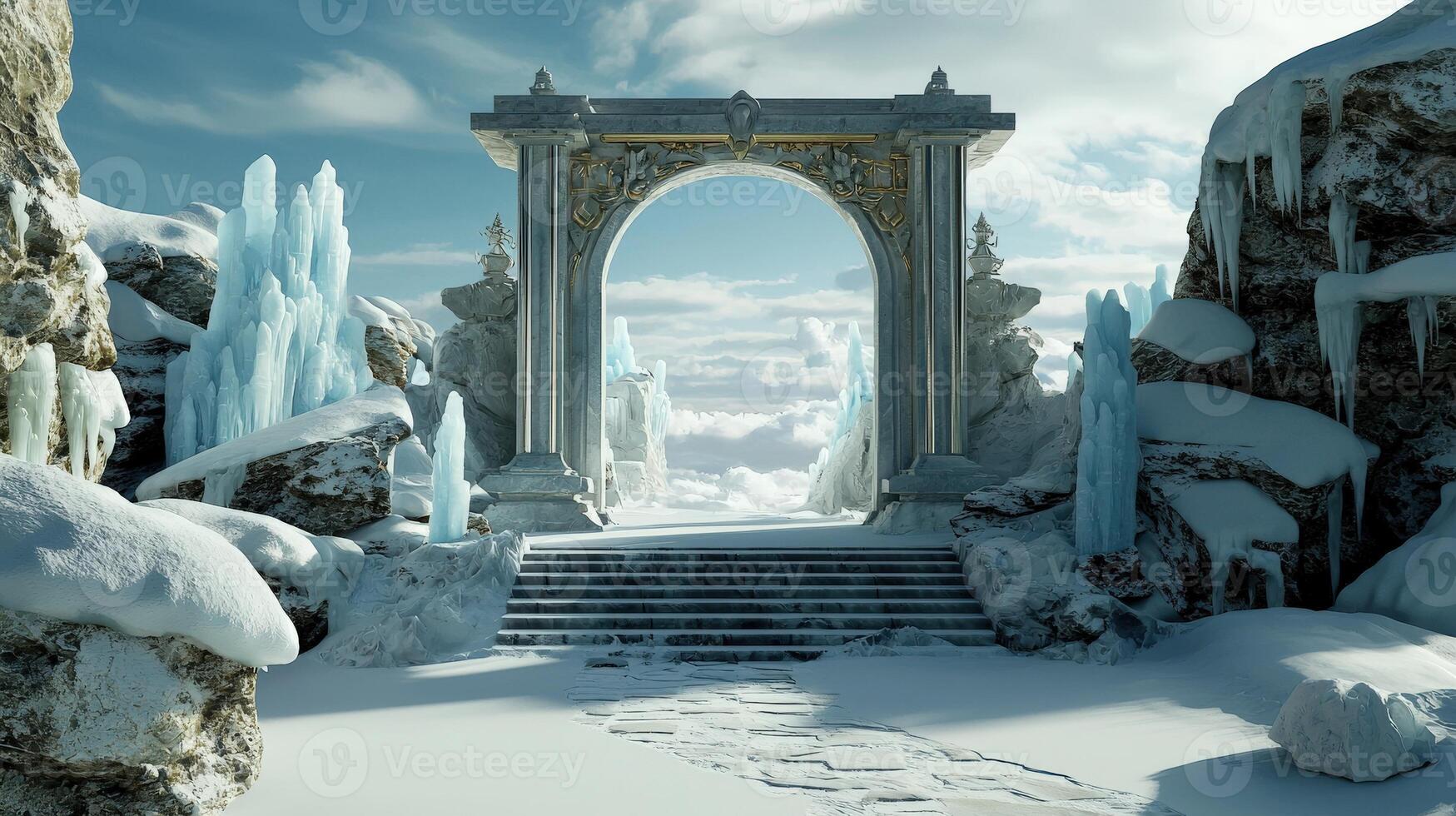A snowy archway leads to a snowy mountain photo