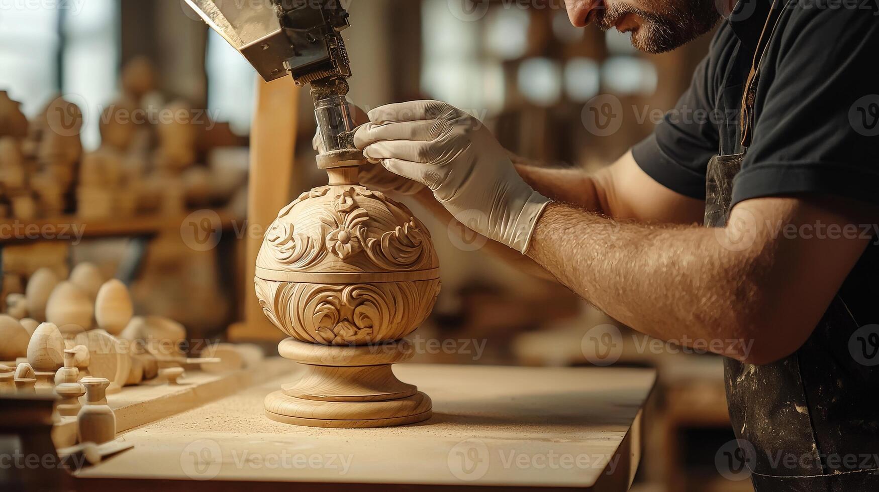A man is working on a wooden object photo