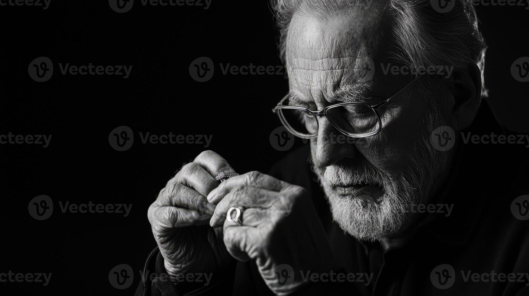 An older man with glasses and a beard is looking at his hand photo