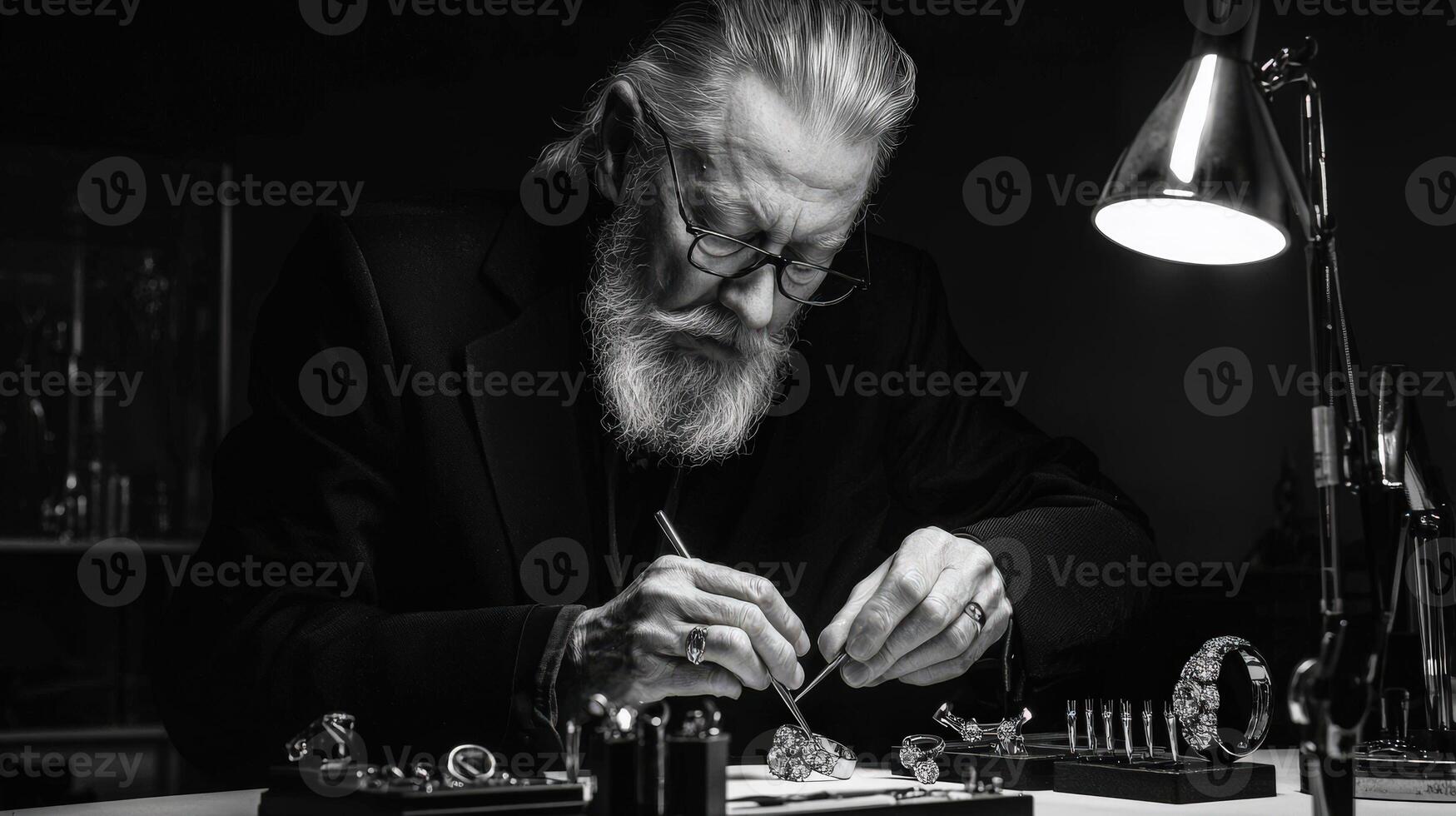 An old man with a beard and glasses is working on a clock photo