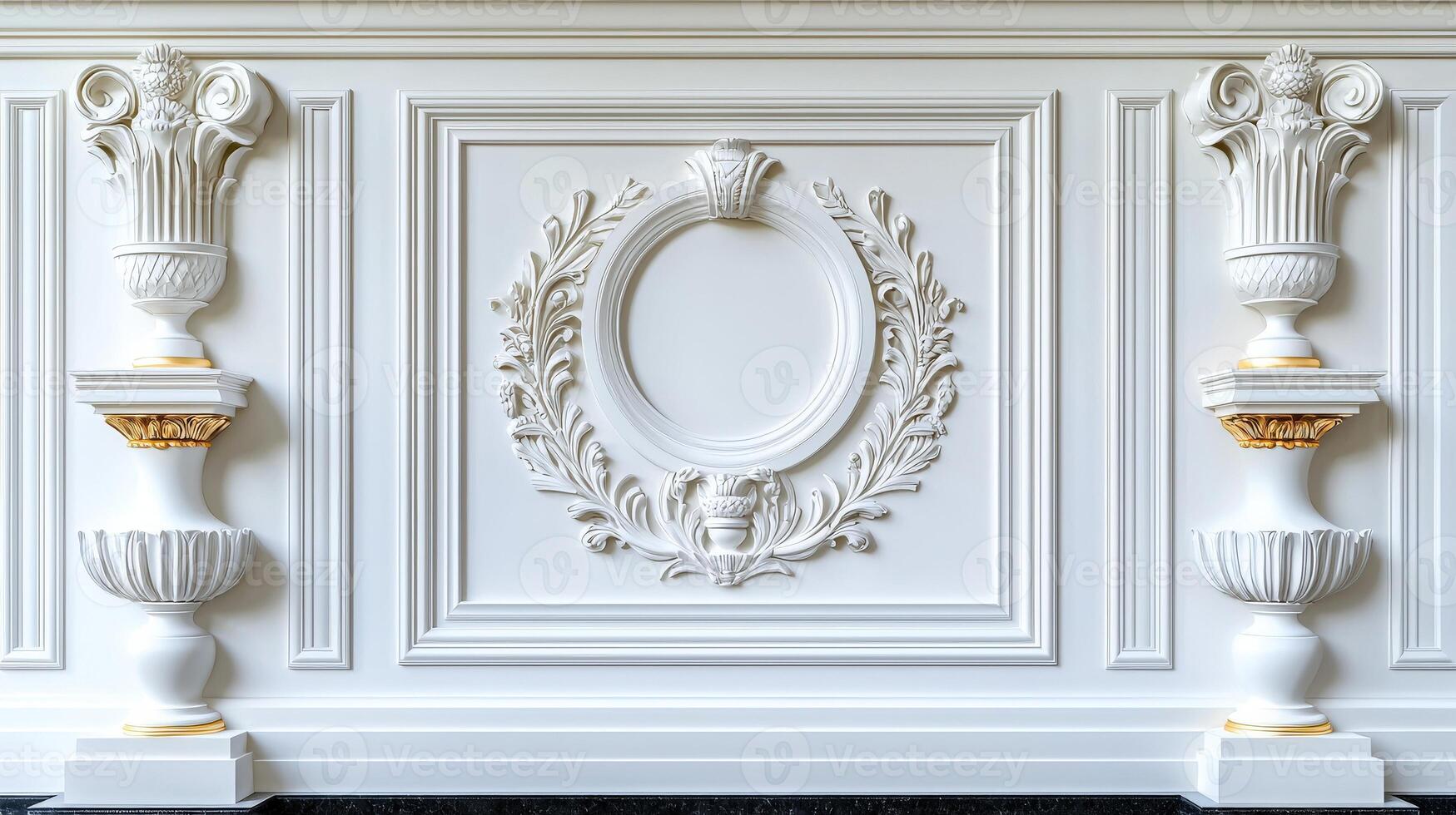A white wall with a decorative fireplace and a mirror photo