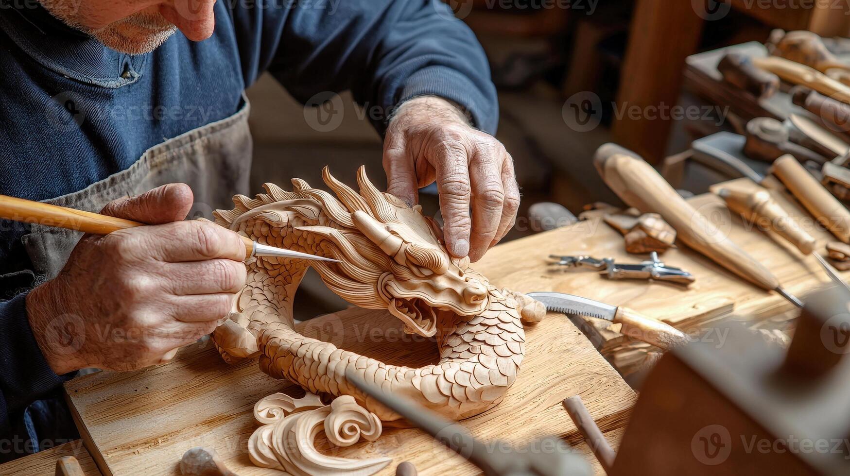 A man is carving a dragon on a wooden block photo