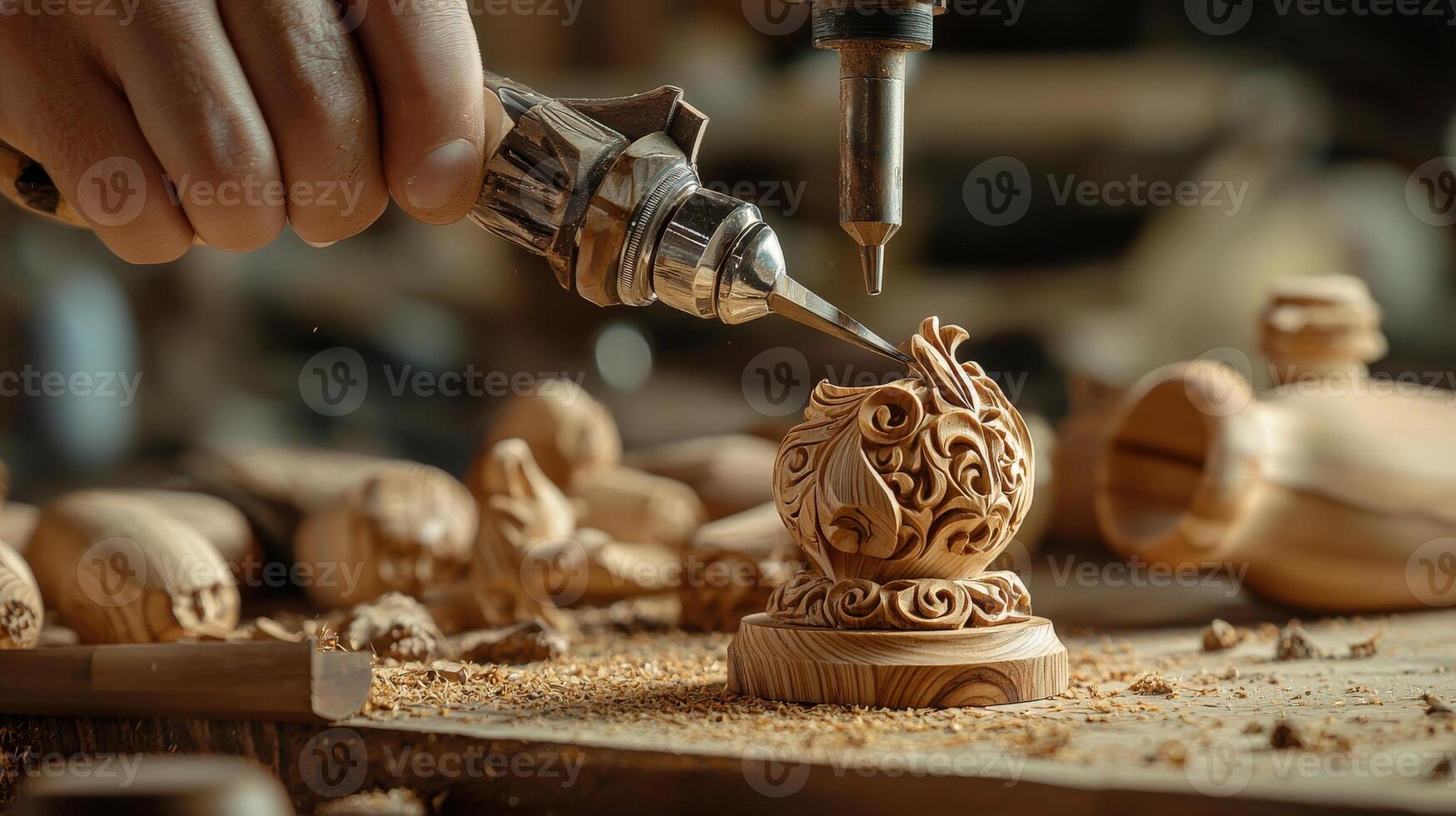 A person is using a drill to make wooden sculptures photo