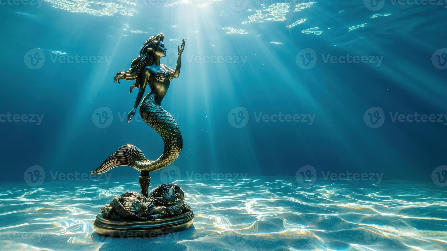 A statue of a mermaid is underwater photo