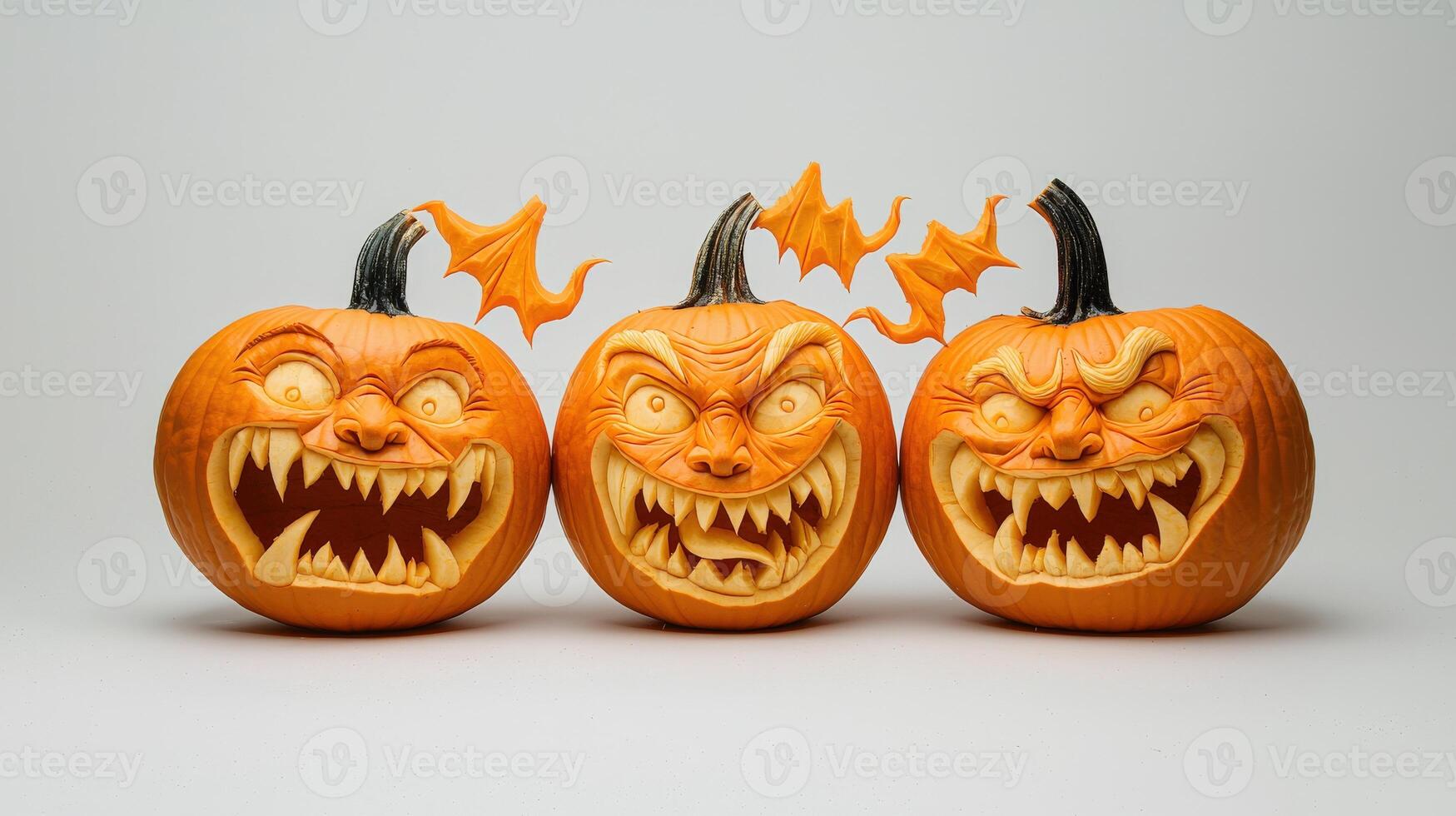 Three carved pumpkins with faces and teeth photo