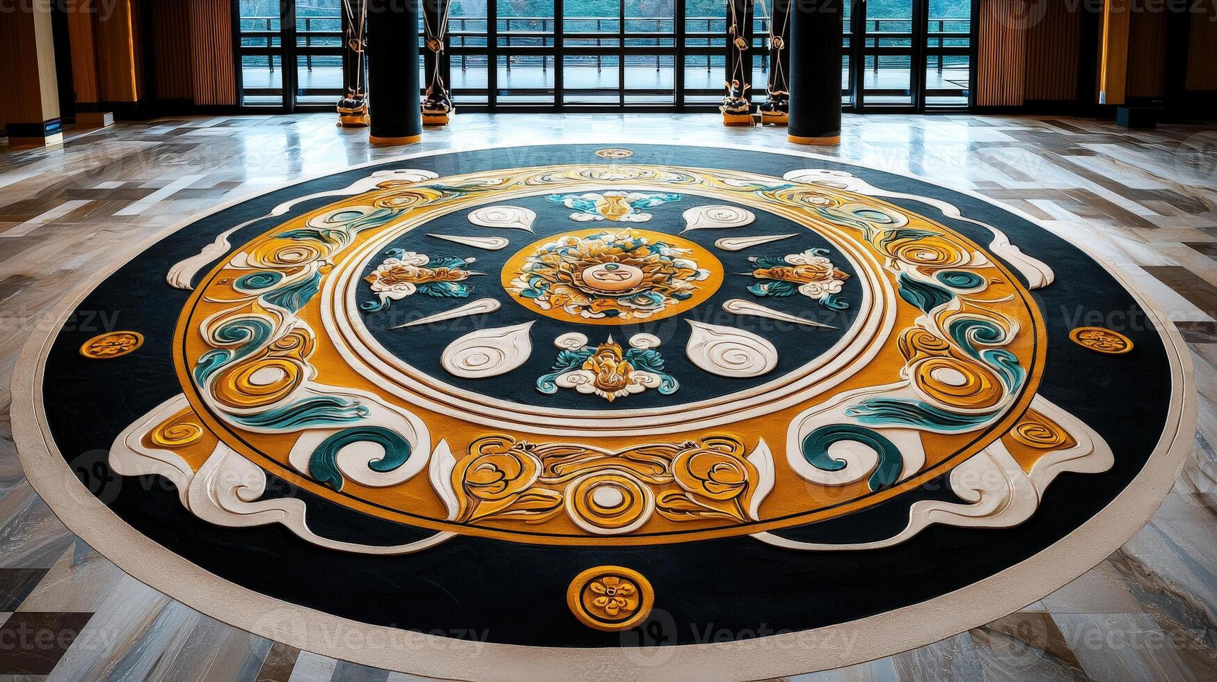 A large circular rug in a room photo