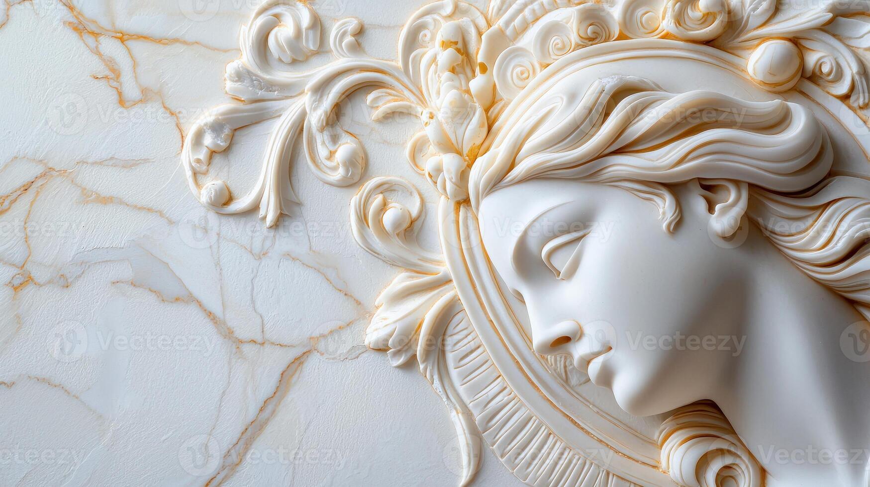 A marble statue of a woman's face with a crown photo
