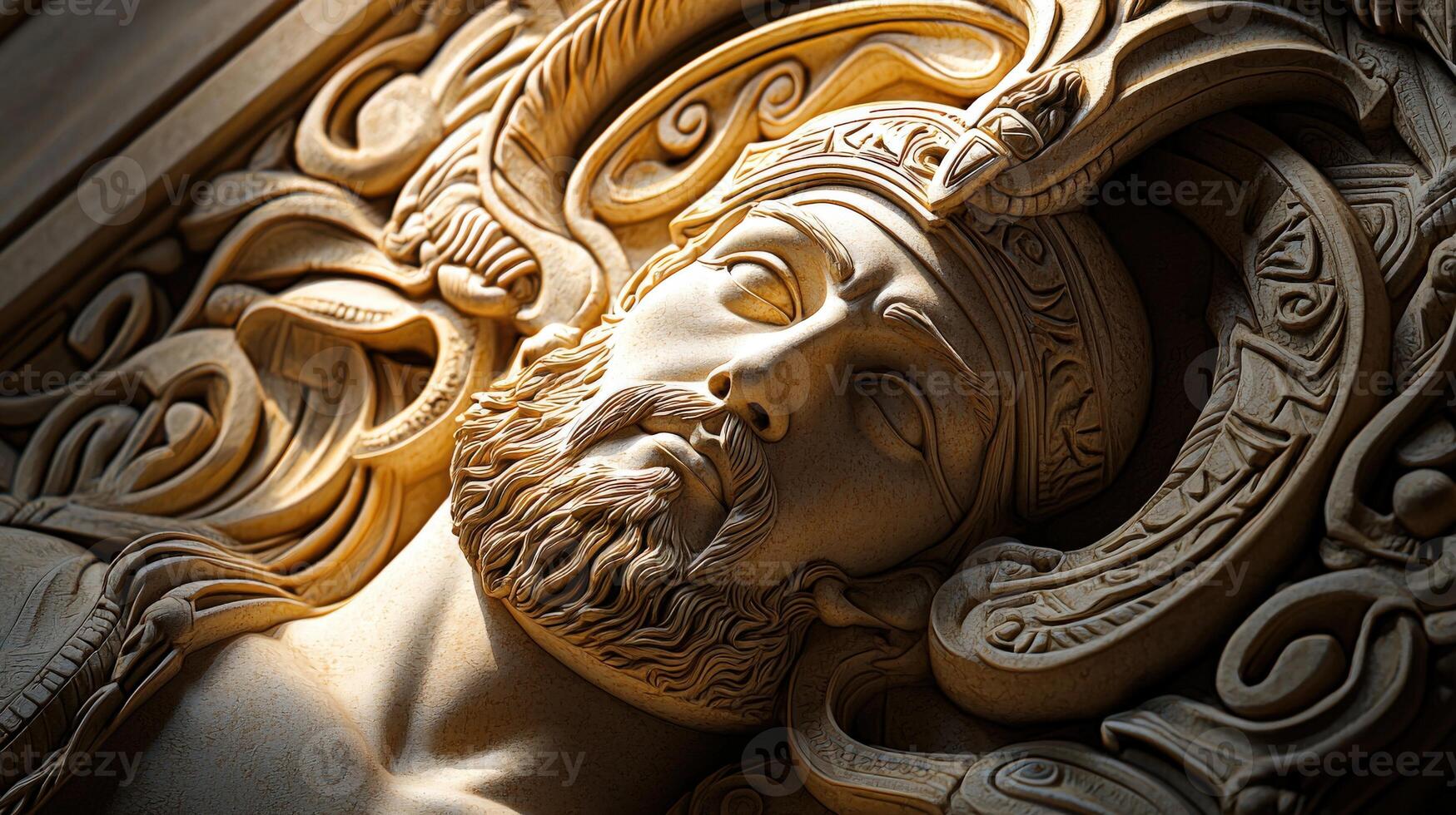 A close up of a carved head with a beard photo