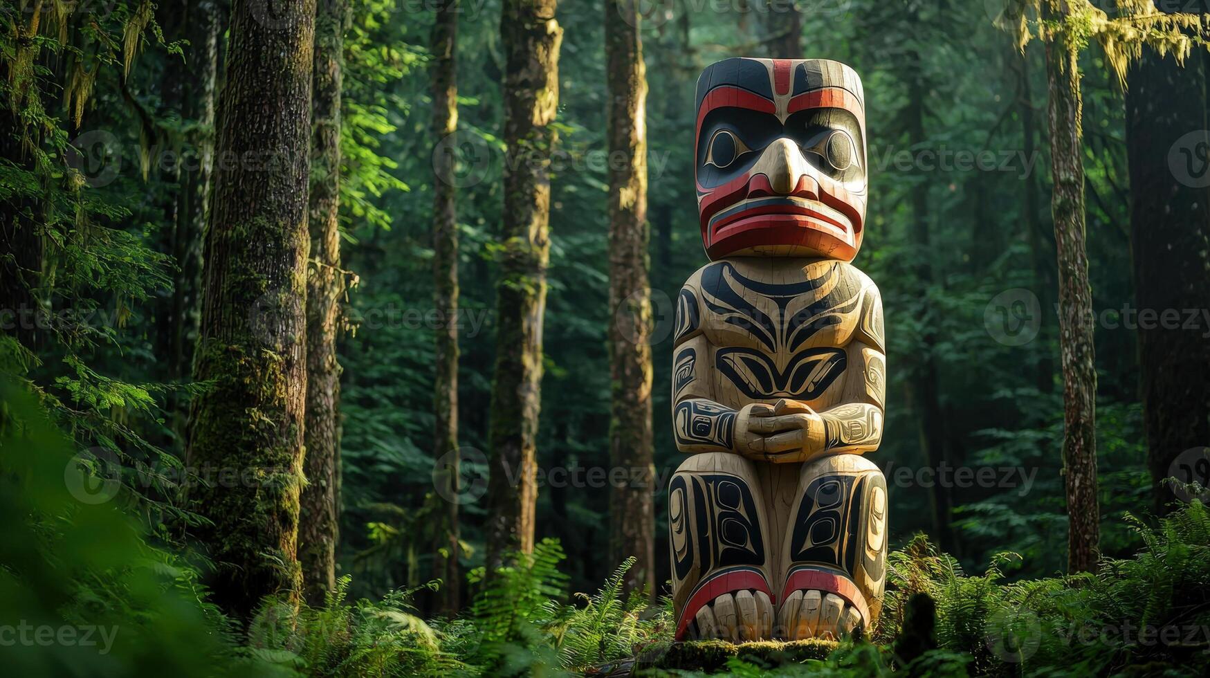 A totem pole in the forest with green trees photo