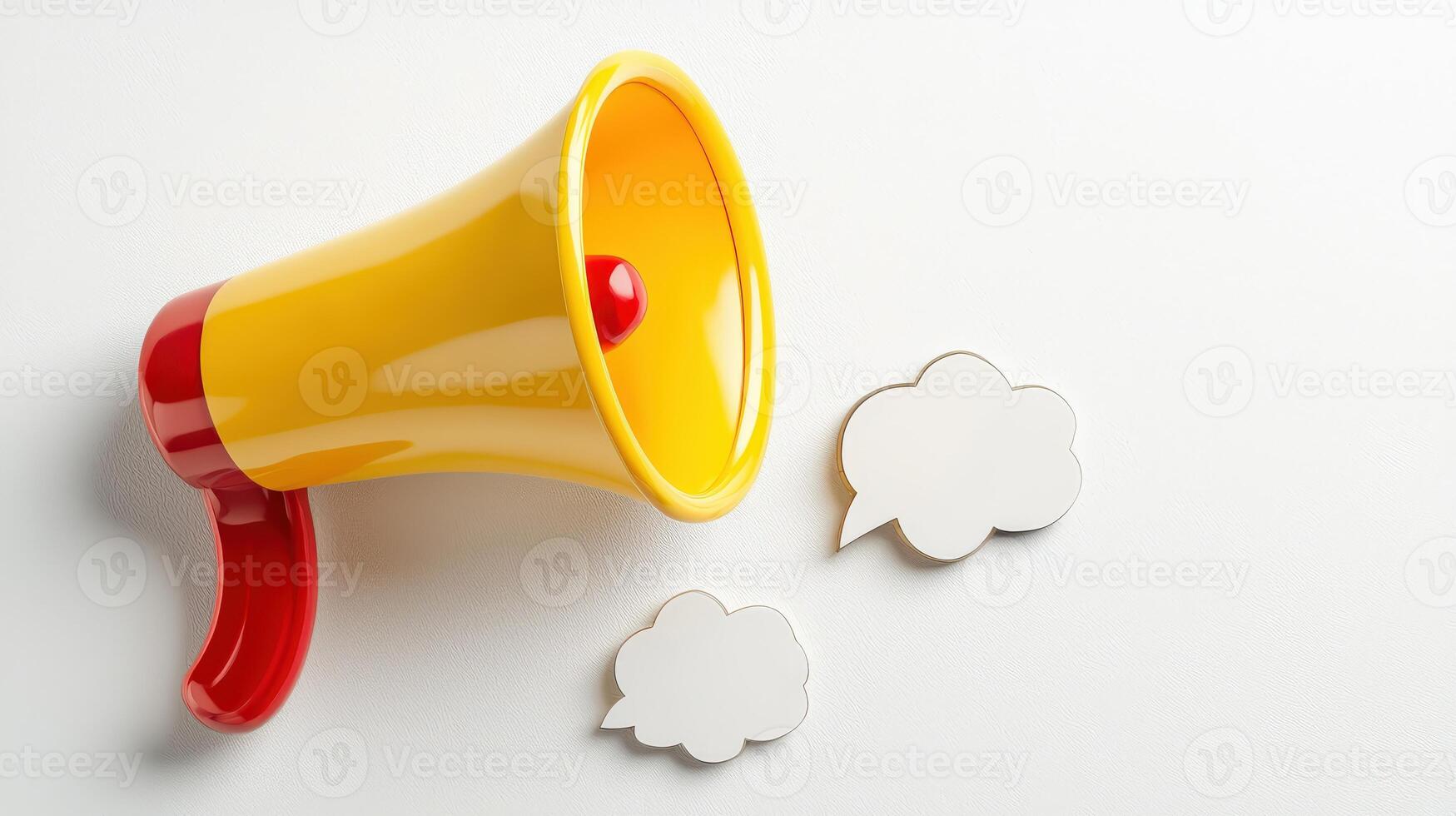 Yellow megaphone with speech bubbles on white background 3d render stock photo